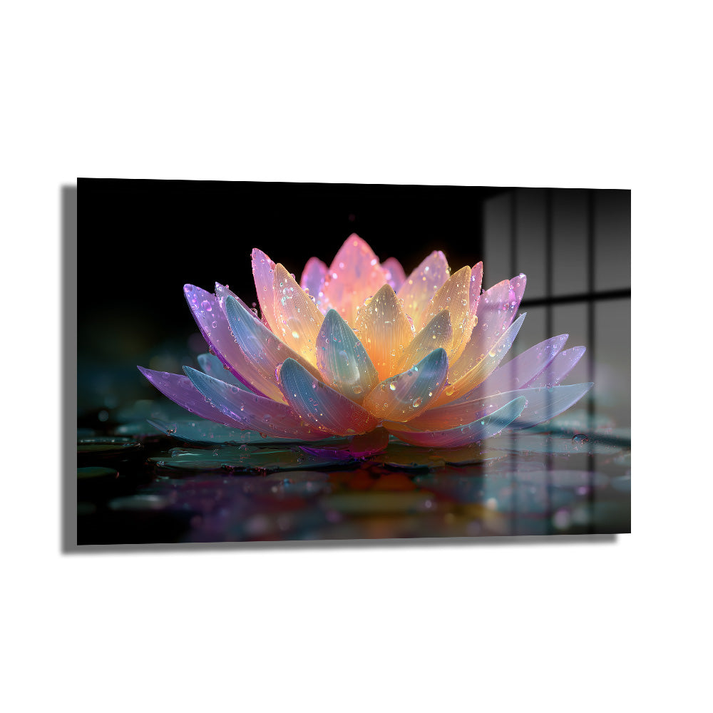 Büyülü Lotus Çiçeği Işıltısı Cam Tablo