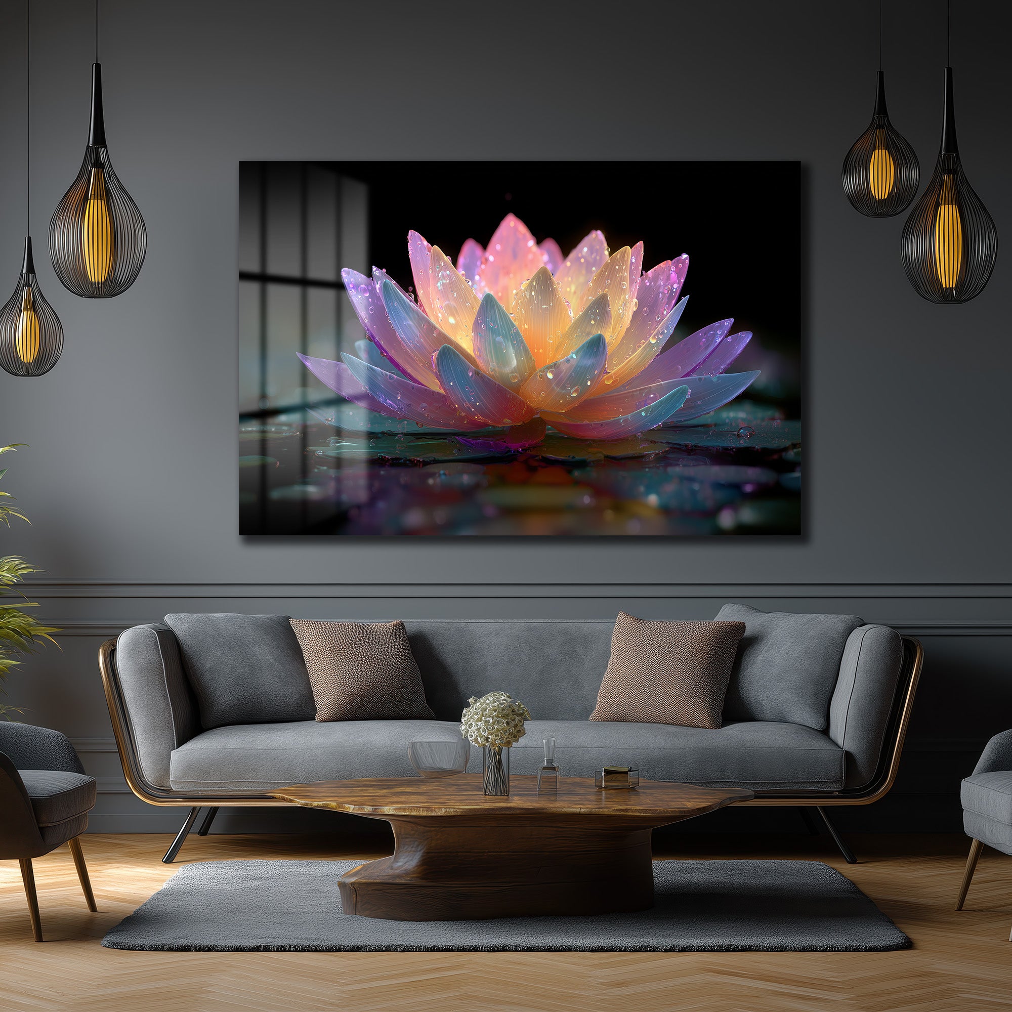 Büyülü Lotus Çiçeği Işıltısı Cam Tablo