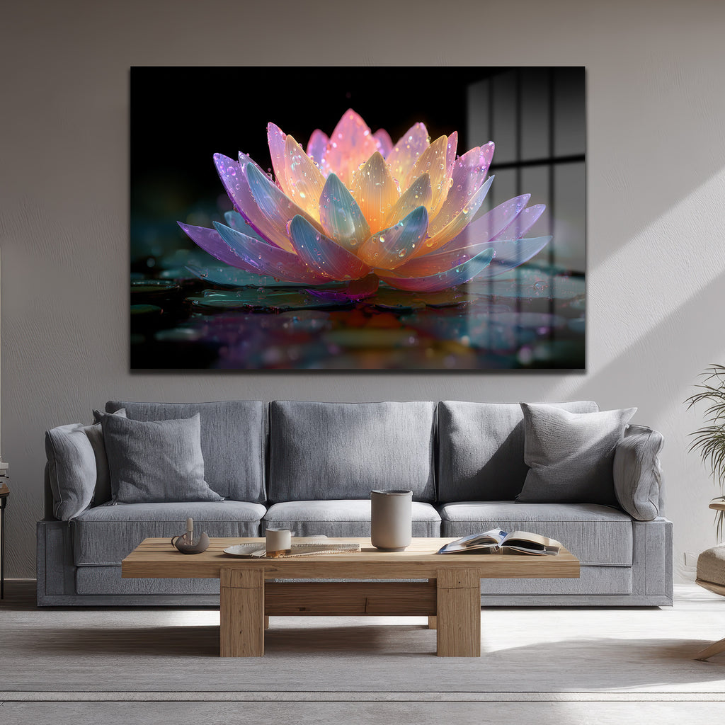 Büyülü Lotus Çiçeği Işıltısı Cam Tablo