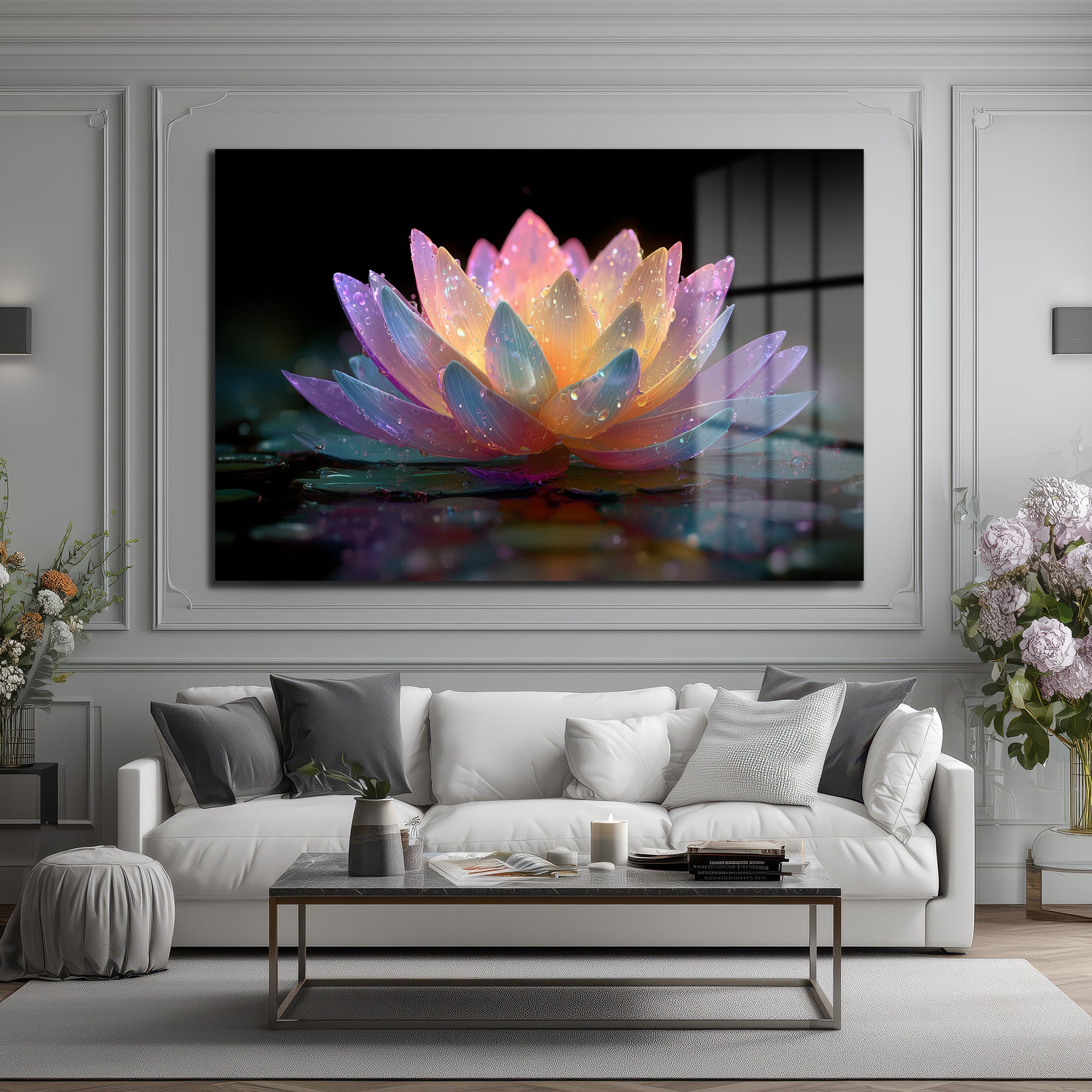 Büyülü Lotus Çiçeği Işıltısı Cam Tablo