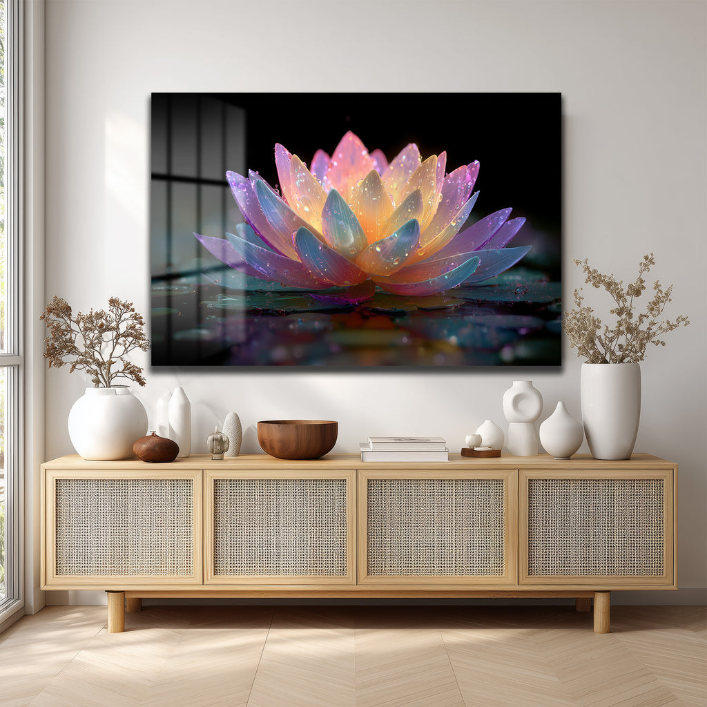 Büyülü Lotus Çiçeği Işıltısı Cam Tablo