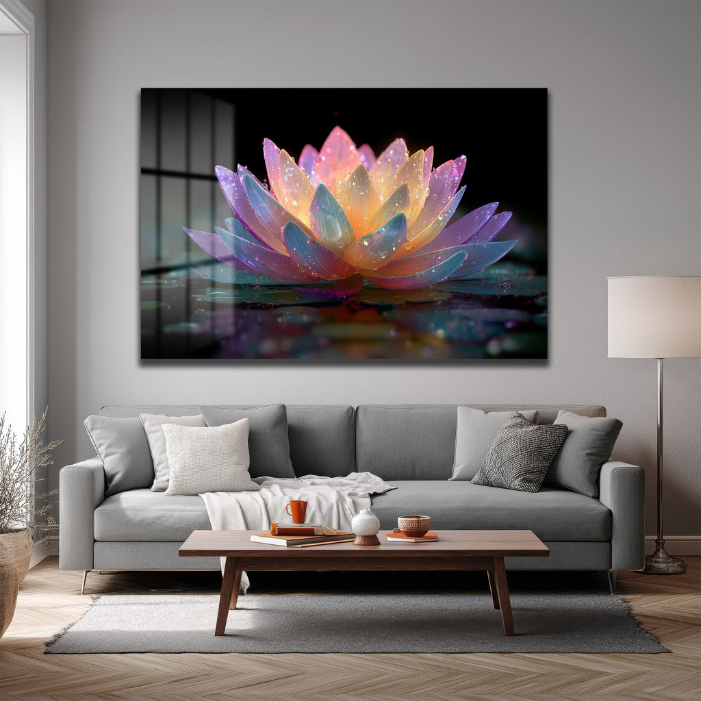 Büyülü Lotus Çiçeği Işıltısı Cam Tablo