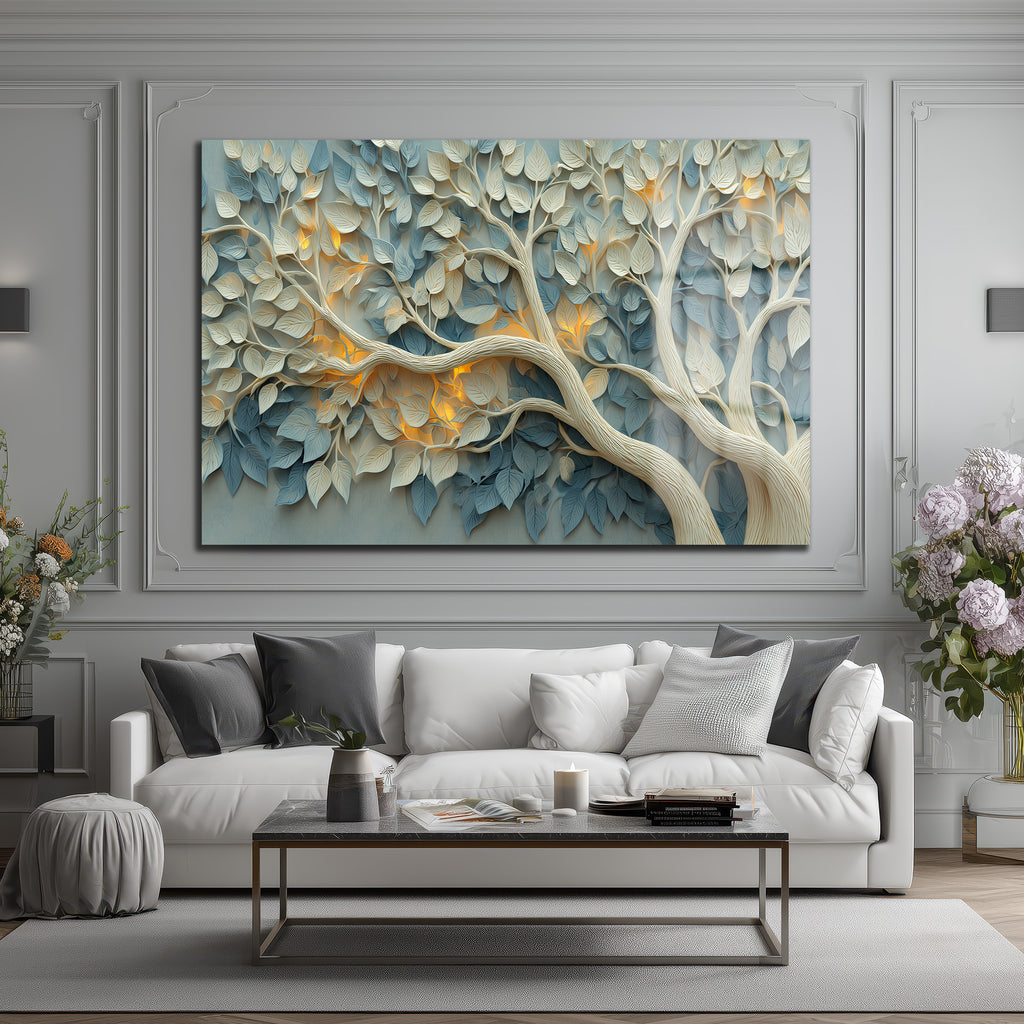 Işıltılı Yapraklar 3D Efektli Cam Tablo