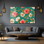 Canlı Hibiskus Desenli Teal Arka Planlı Şık Cam Tablo