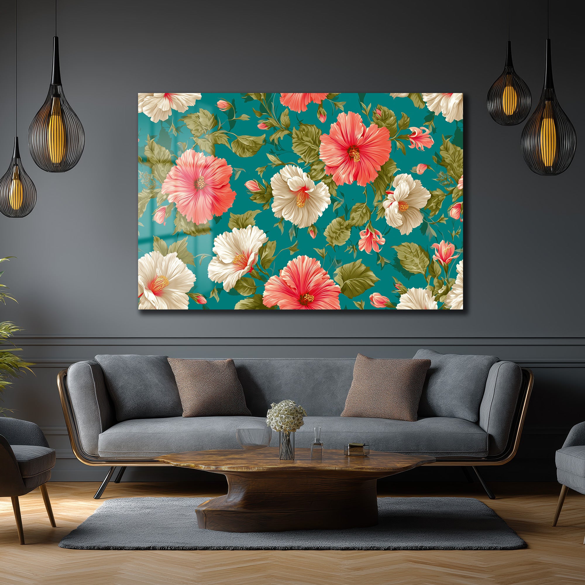 Canlı Hibiskus Desenli Teal Arka Planlı Şık Cam Tablo