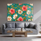 Canlı Hibiskus Desenli Teal Arka Planlı Şık Cam Tablo