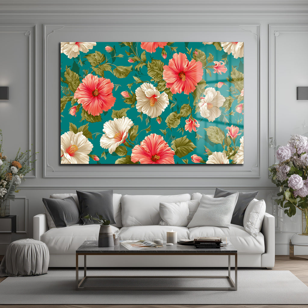 Canlı Hibiskus Desenli Teal Arka Planlı Şık Cam Tablo