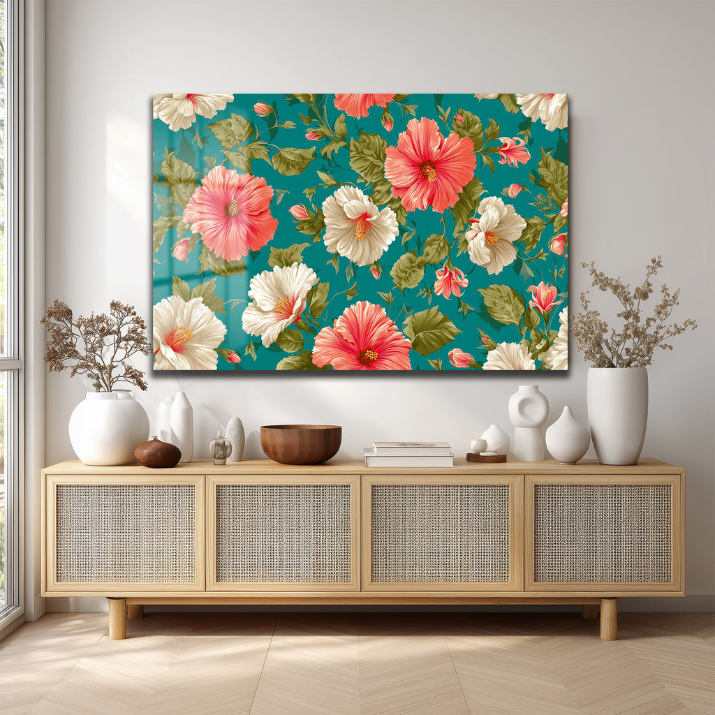 Canlı Hibiskus Desenli Teal Arka Planlı Şık Cam Tablo
