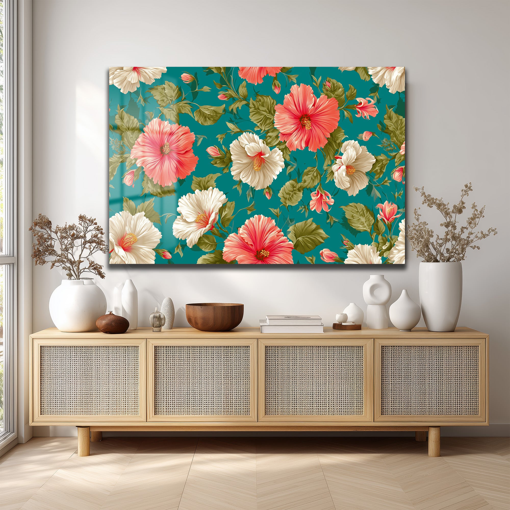 Canlı Hibiskus Desenli Teal Arka Planlı Şık Cam Tablo