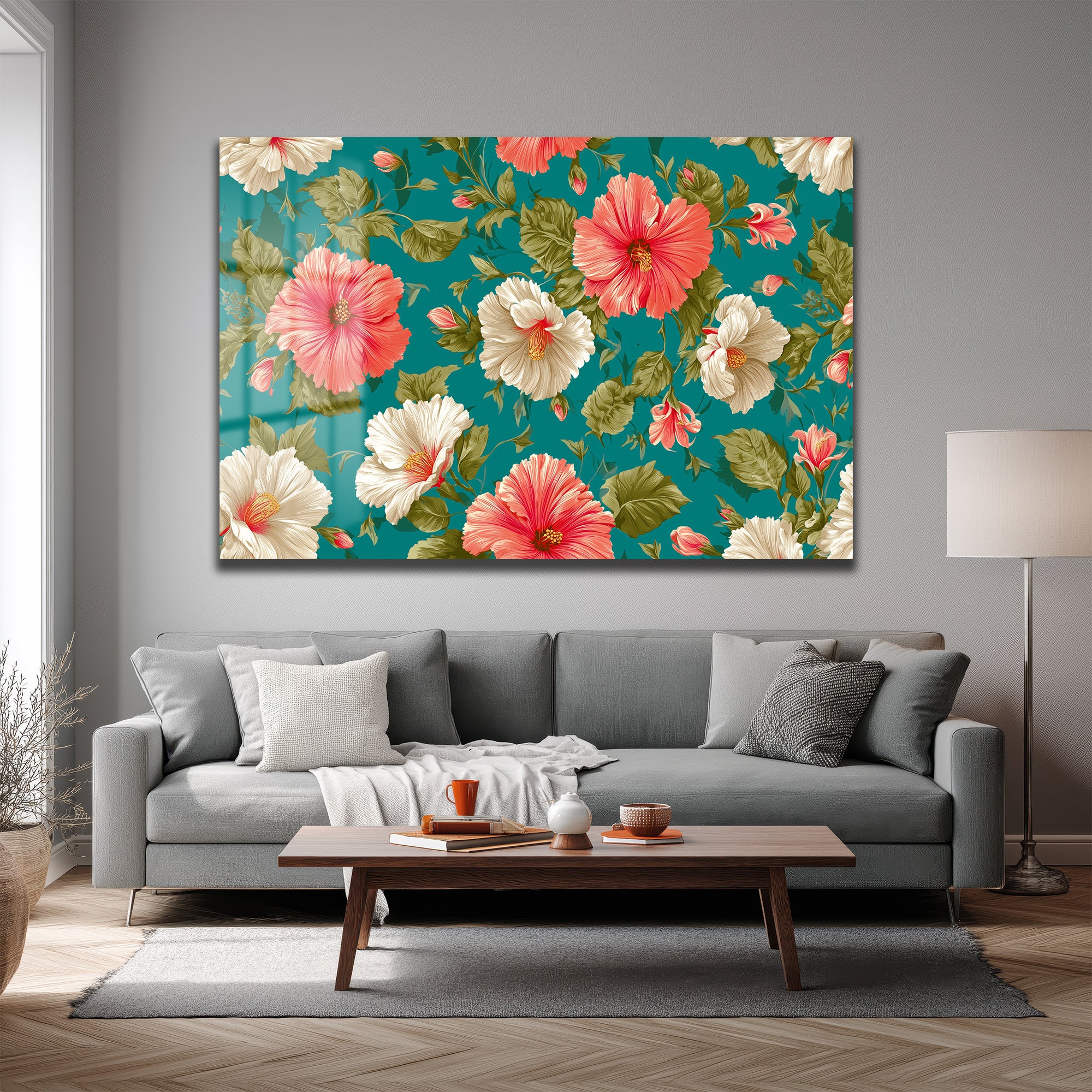 Canlı Hibiskus Desenli Teal Arka Planlı Şık Cam Tablo
