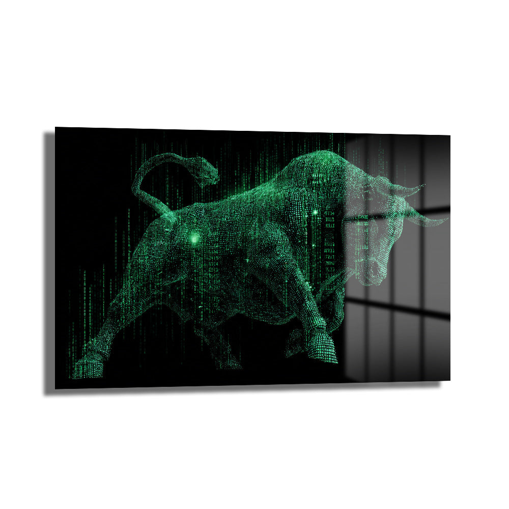 Dijital Güç: Matrix Yeşil Boğa Cam Tablo