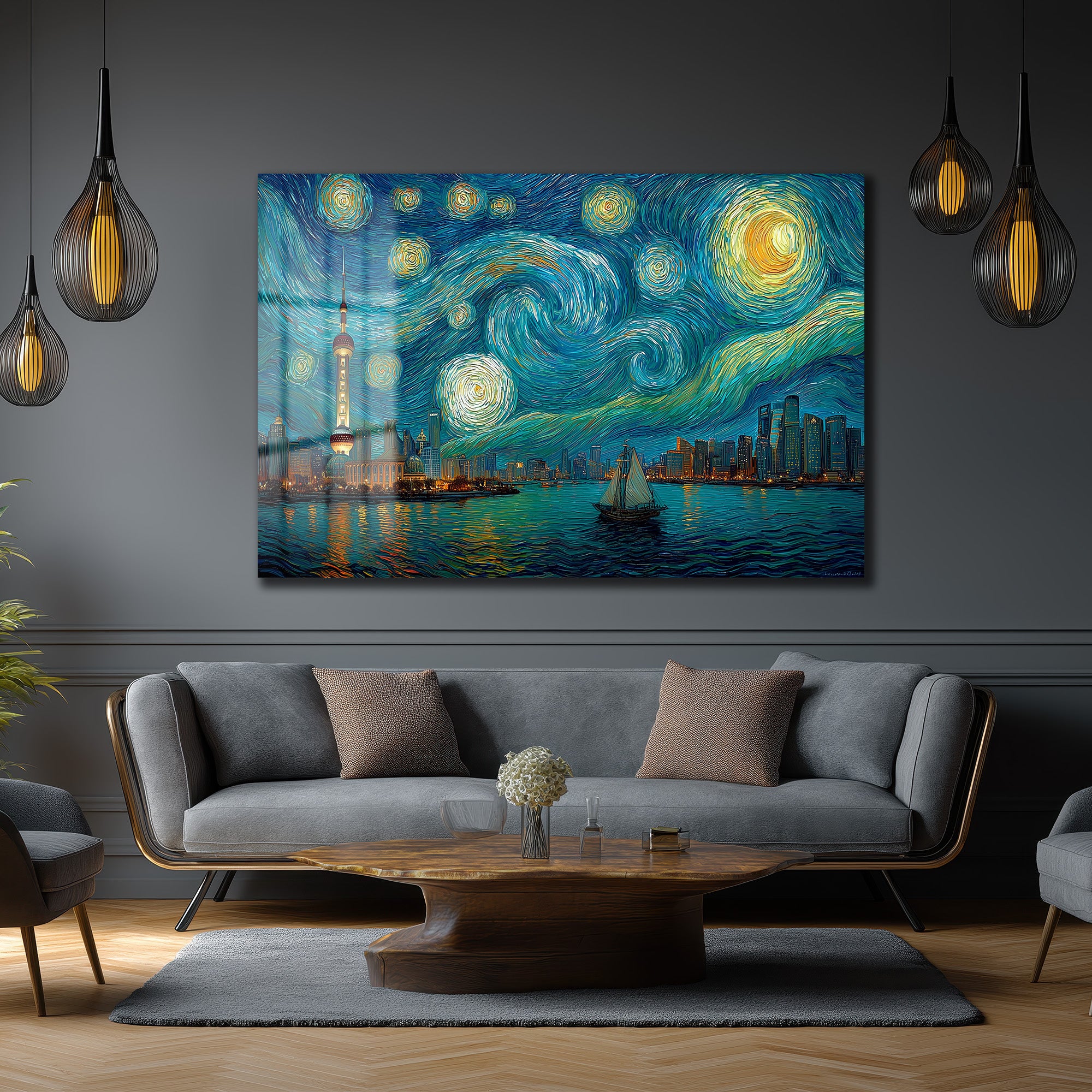 Yıldızlı Gece Şangay Manzarası Cam Tablo | Van Gogh Esintili Duvar Sanatı