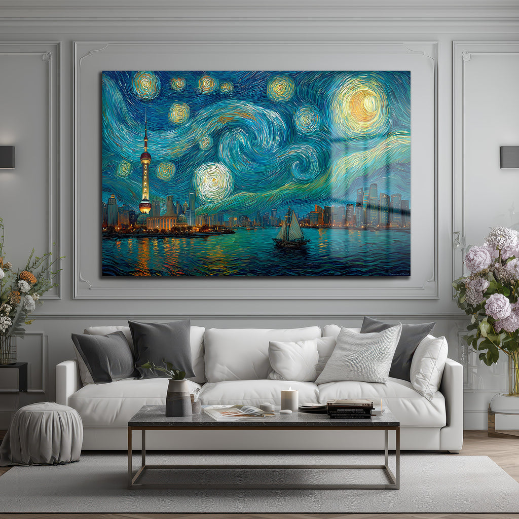 Yıldızlı Gece Şangay Manzarası Cam Tablo | Van Gogh Esintili Duvar Sanatı