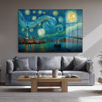 Yıldızlı Gece Şangay Manzarası Cam Tablo | Van Gogh Esintili Duvar Sanatı