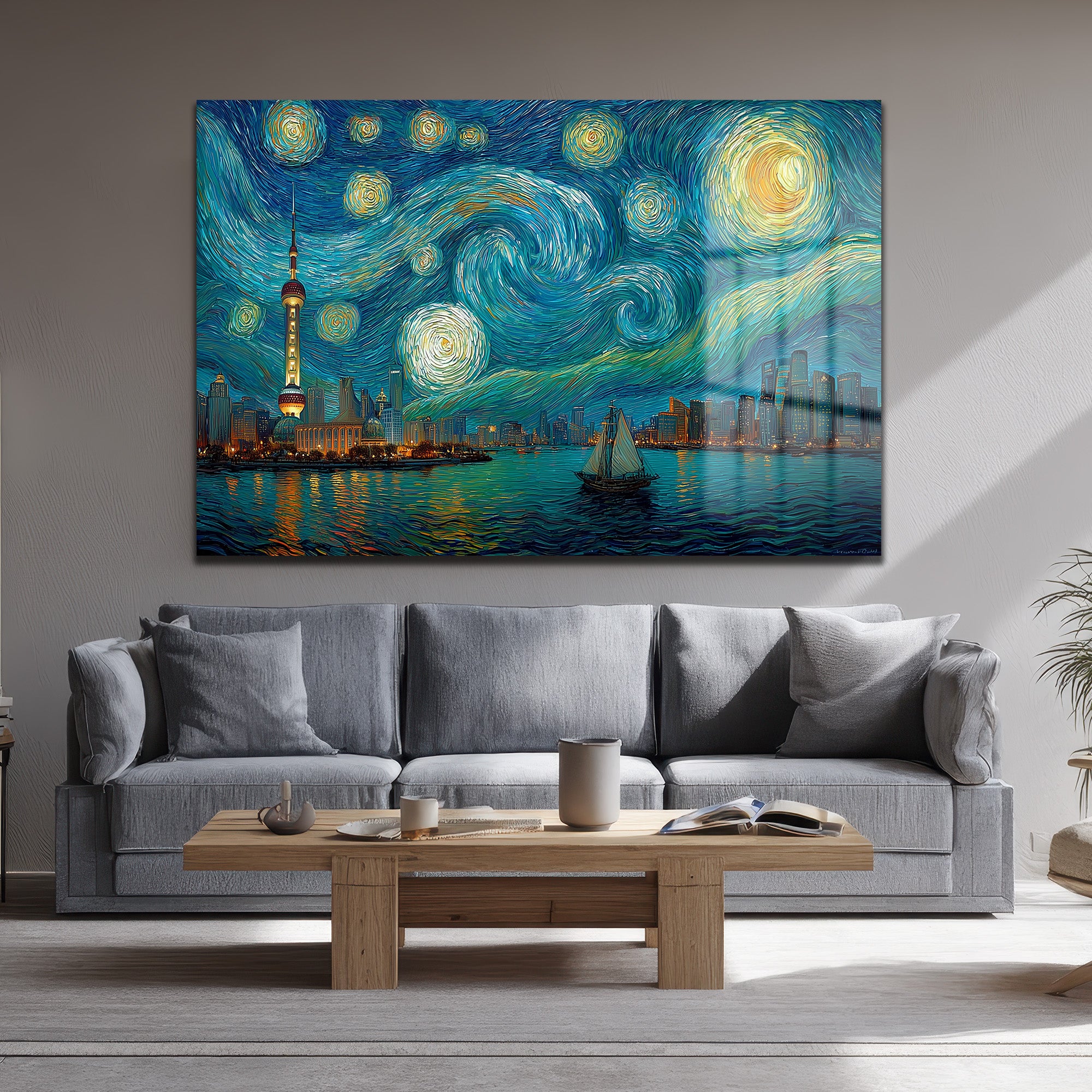 Yıldızlı Gece Şangay Manzarası Cam Tablo | Van Gogh Esintili Duvar Sanatı
