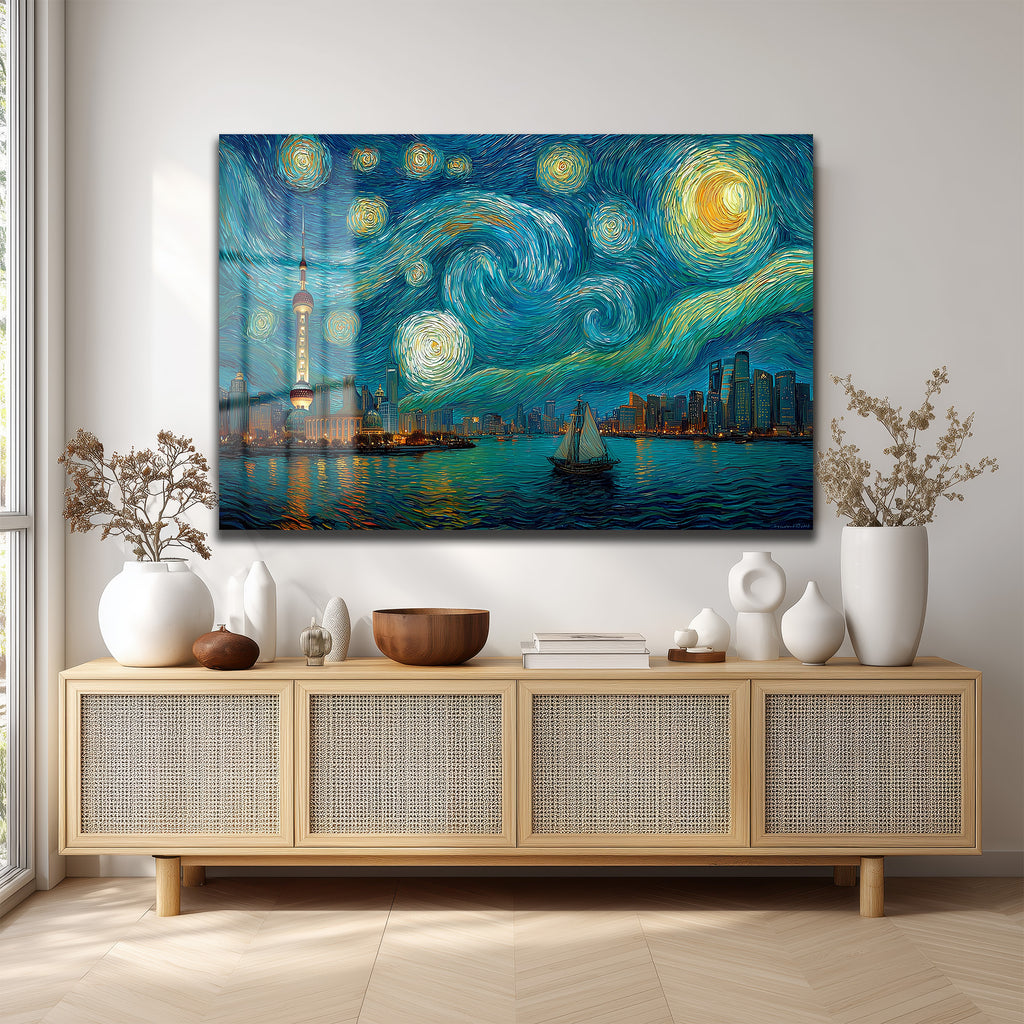Yıldızlı Gece Şangay Manzarası Cam Tablo | Van Gogh Esintili Duvar Sanatı