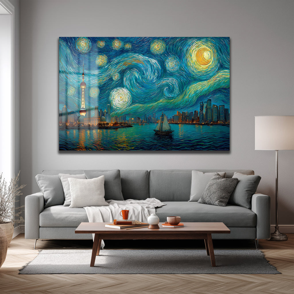 Yıldızlı Gece Şangay Manzarası Cam Tablo | Van Gogh Esintili Duvar Sanatı