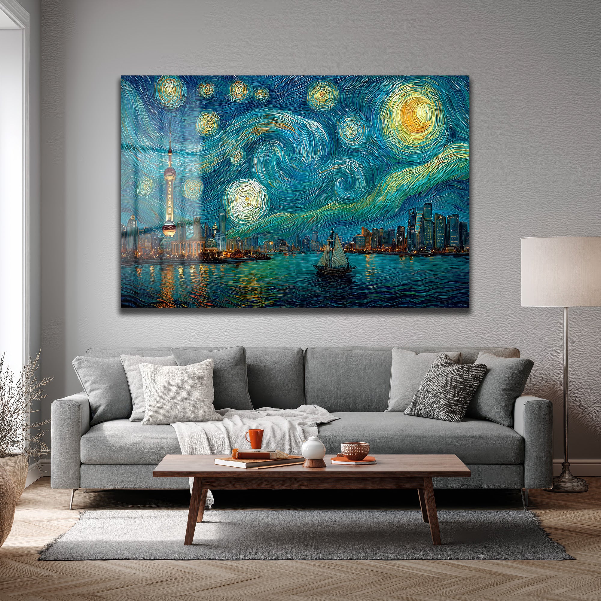 Yıldızlı Gece Şangay Manzarası Cam Tablo | Van Gogh Esintili Duvar Sanatı