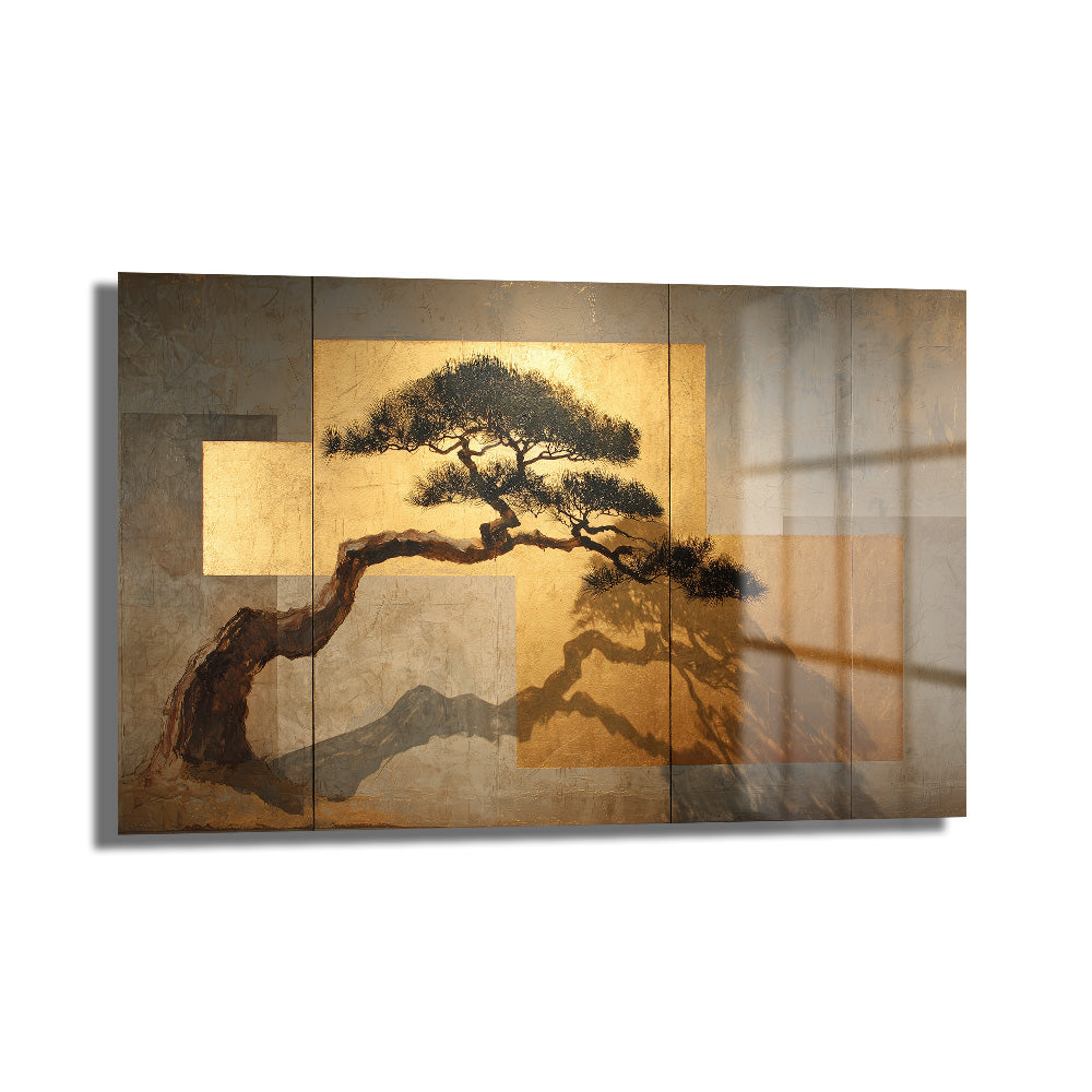 Japon Bonsai Ağacı ve Altın Dokunuşlar Cam Tablo