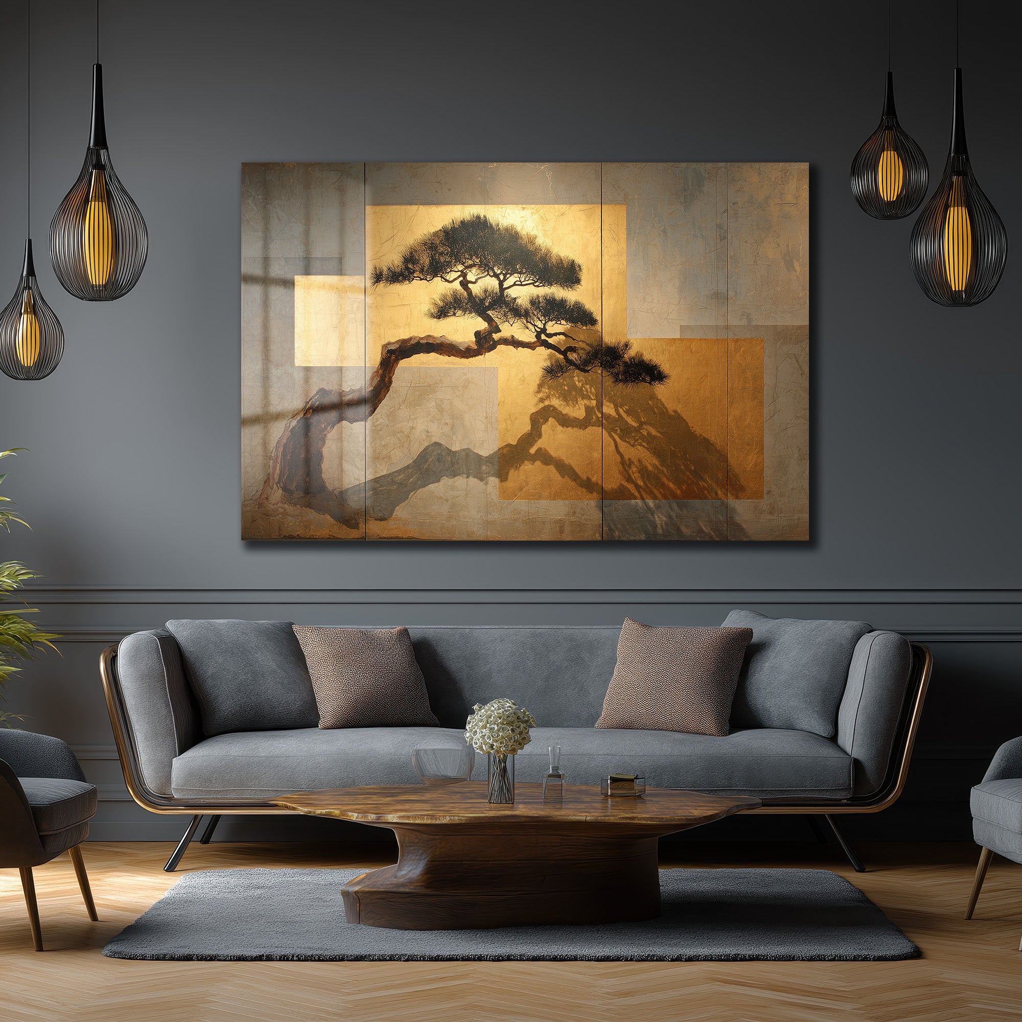 Japon Bonsai Ağacı ve Altın Dokunuşlar Cam Tablo