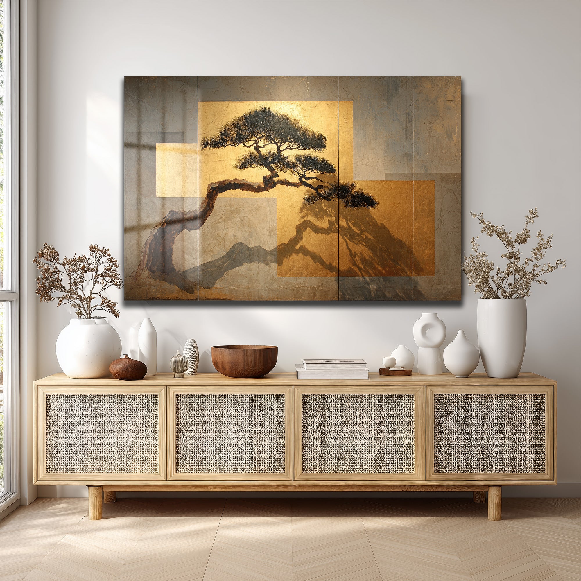 Japon Bonsai Ağacı ve Altın Dokunuşlar Cam Tablo