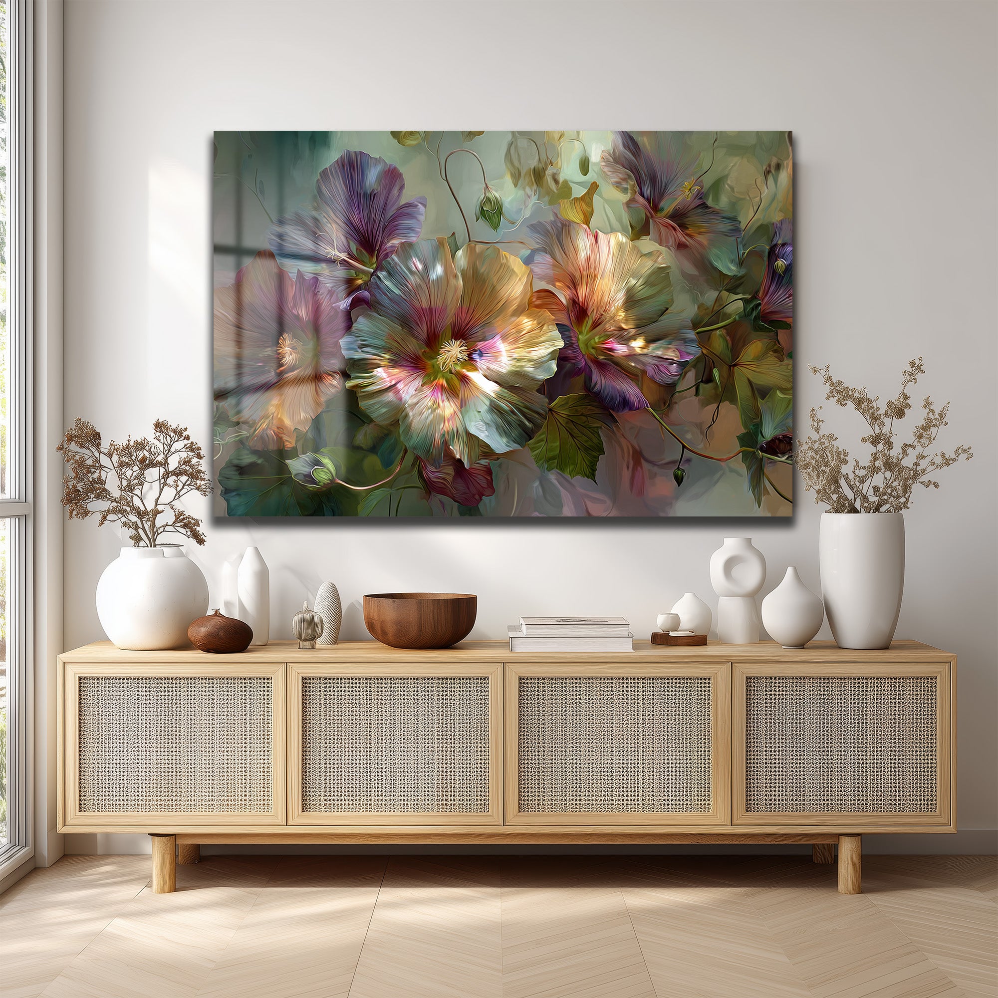 Rüya Gibi Pastel Çiçekler Cam Tablo | Modern Floral Sanat