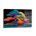 Ay Işığında Renkli Bonsai Ağacı ve Şelale Cam Tablo