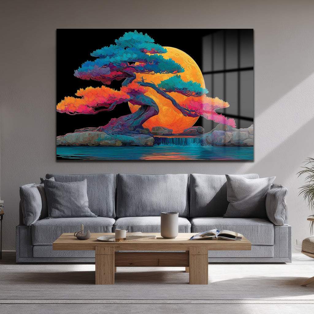 Ay Işığında Renkli Bonsai Ağacı ve Şelale Cam Tablo