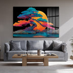 Ay Işığında Renkli Bonsai Ağacı ve Şelale Cam Tablo