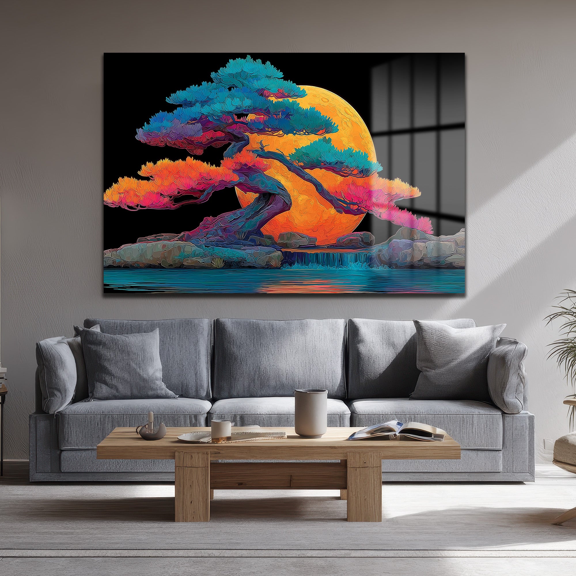 Ay Işığında Renkli Bonsai Ağacı ve Şelale Cam Tablo