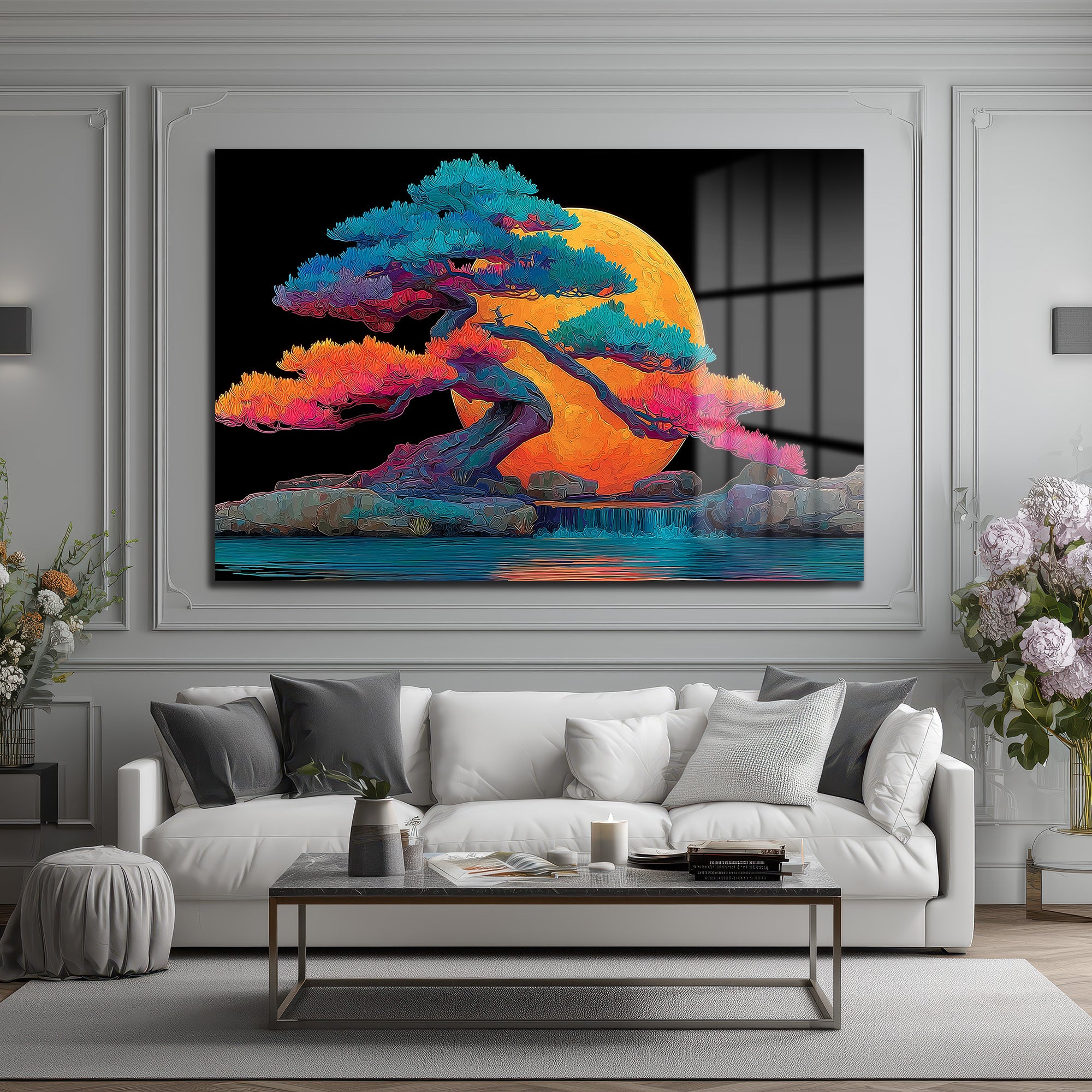 Ay Işığında Renkli Bonsai Ağacı ve Şelale Cam Tablo