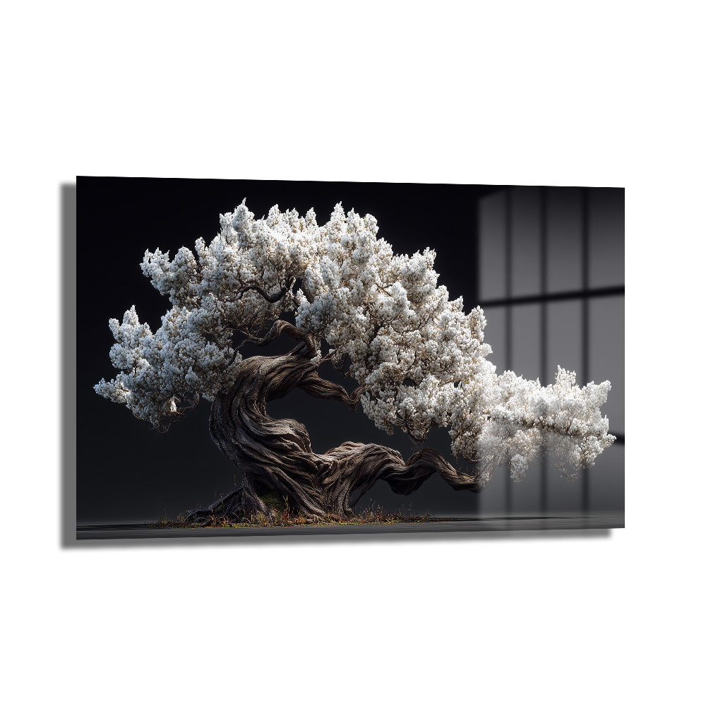 Beyaz Çiçekli Bonsai Ağacı Cam Tablo - Zen Bahçesi Estetiği
