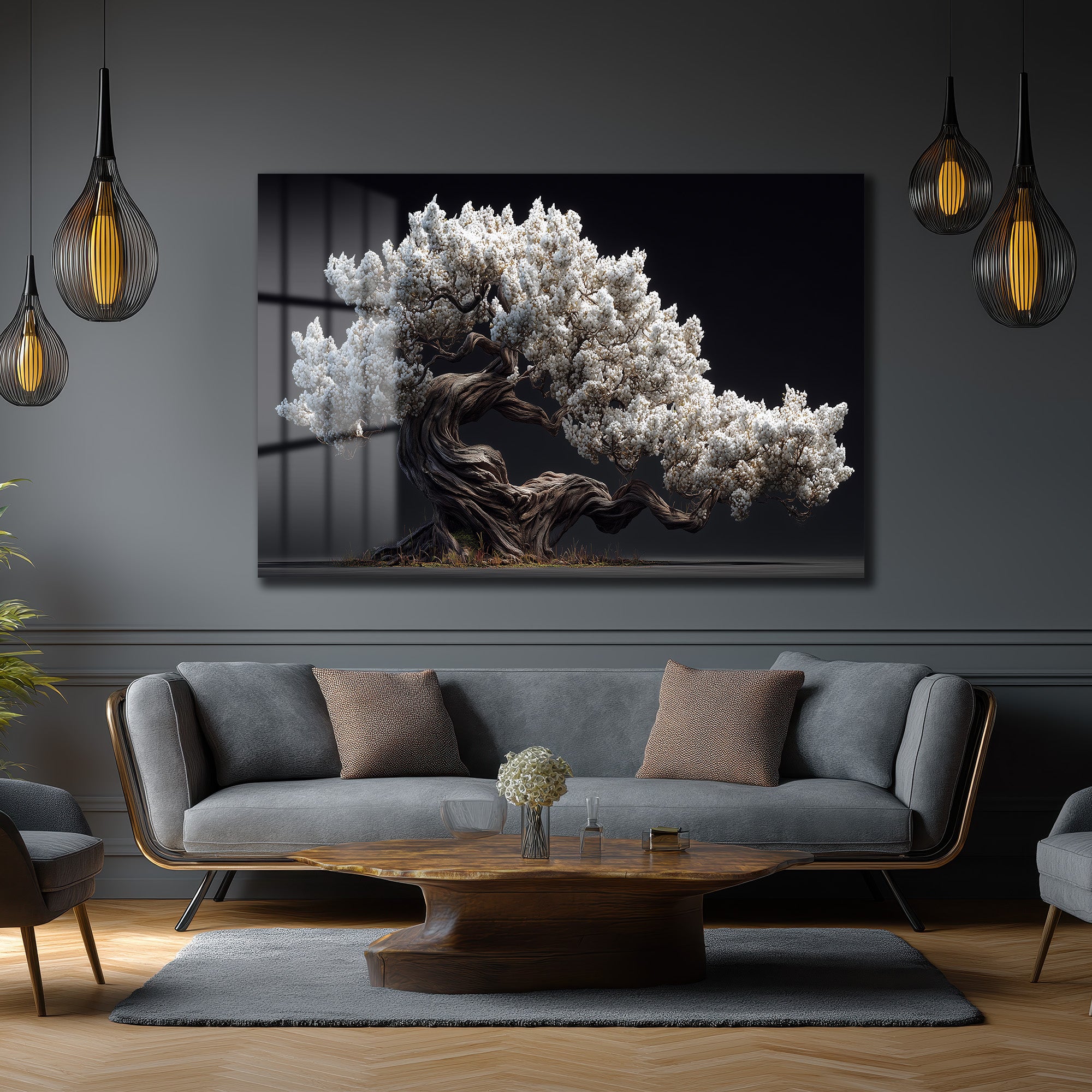 Beyaz Çiçekli Bonsai Ağacı Cam Tablo - Zen Bahçesi Estetiği
