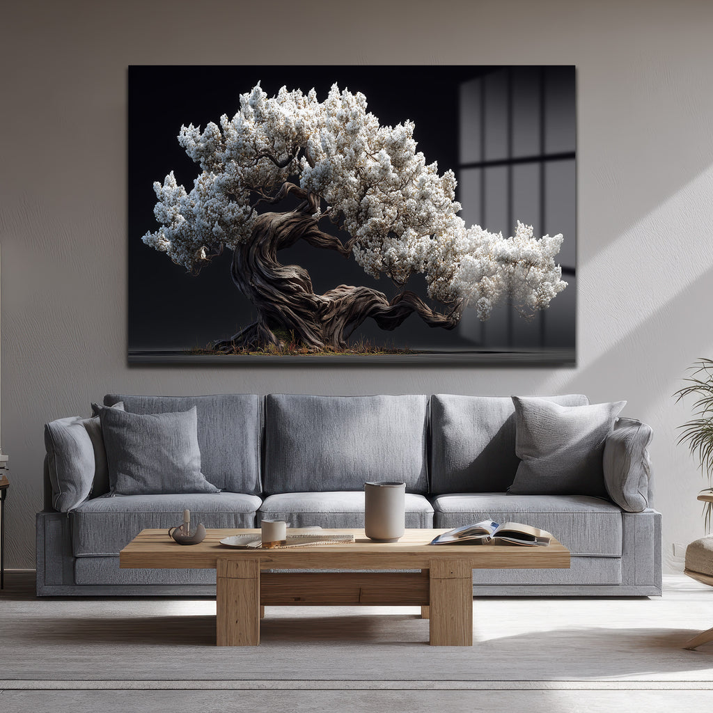 Beyaz Çiçekli Bonsai Ağacı Cam Tablo - Zen Bahçesi Estetiği