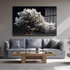 Beyaz Çiçekli Bonsai Ağacı Cam Tablo - Zen Bahçesi Estetiği