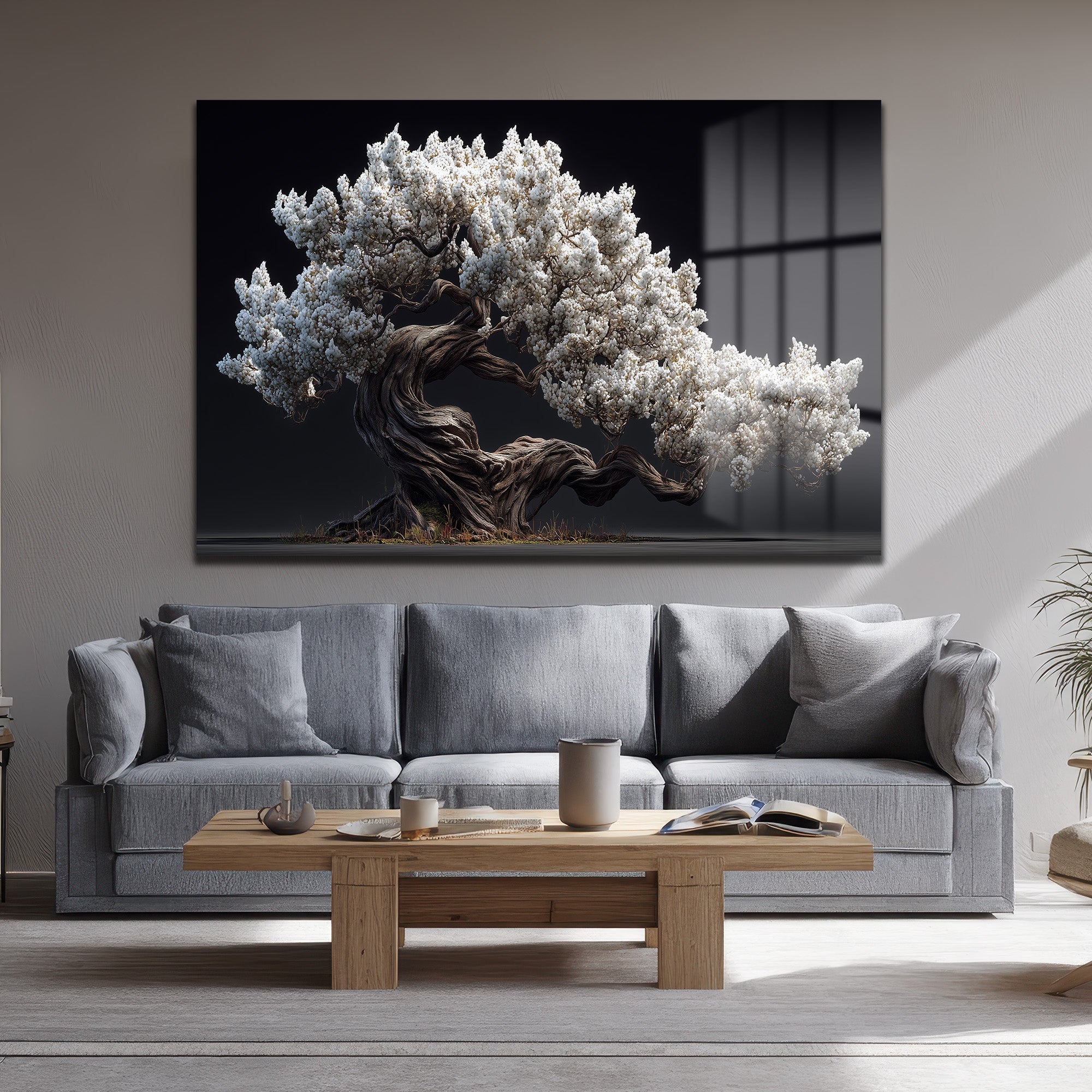 Beyaz Çiçekli Bonsai Ağacı Cam Tablo - Zen Bahçesi Estetiği