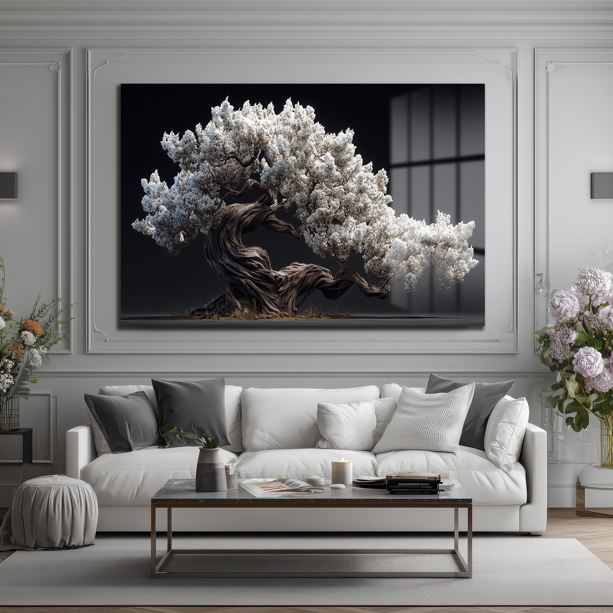 Beyaz Çiçekli Bonsai Ağacı Cam Tablo - Zen Bahçesi Estetiği