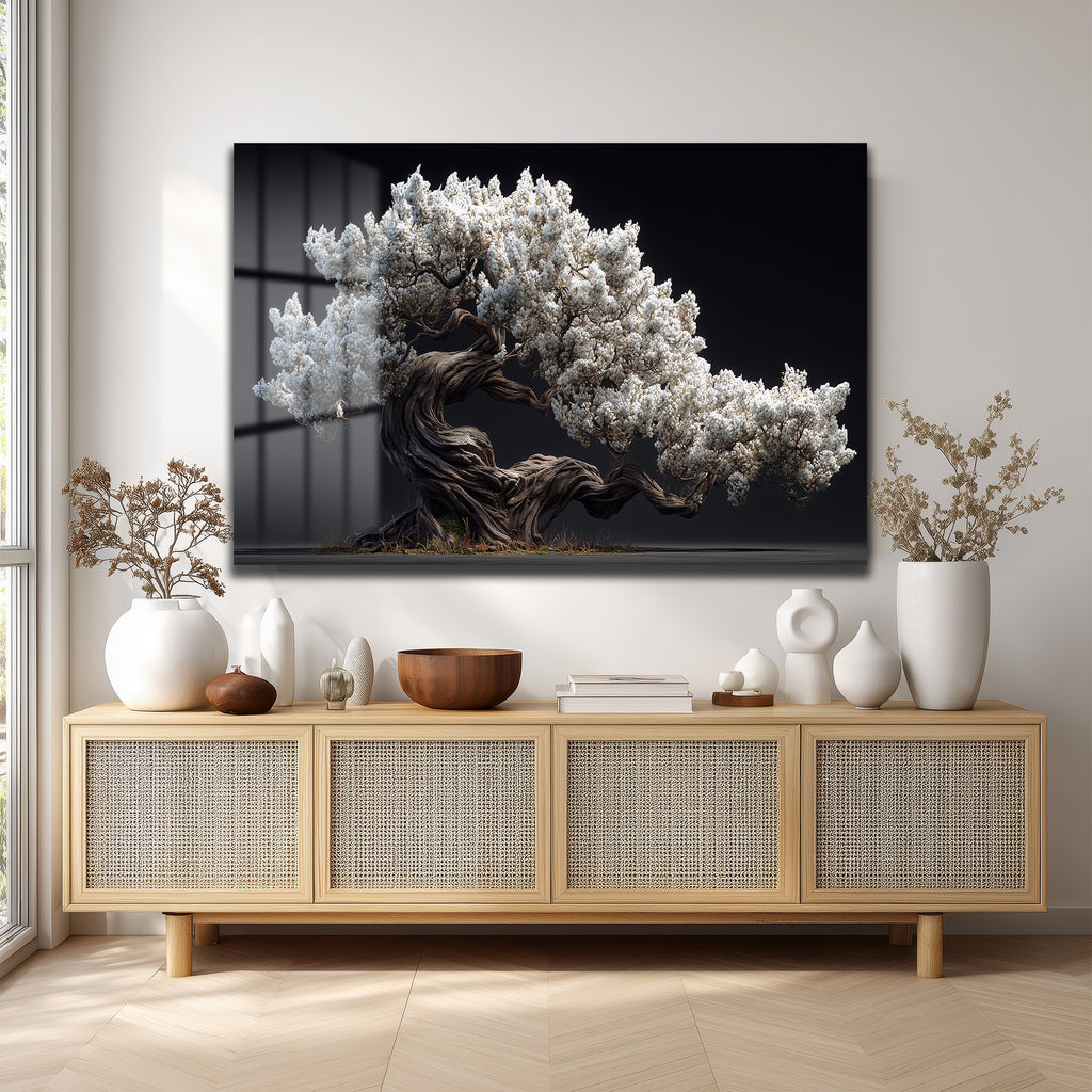 Beyaz Çiçekli Bonsai Ağacı Cam Tablo - Zen Bahçesi Estetiği