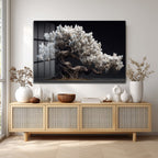 Beyaz Çiçekli Bonsai Ağacı Cam Tablo - Zen Bahçesi Estetiği