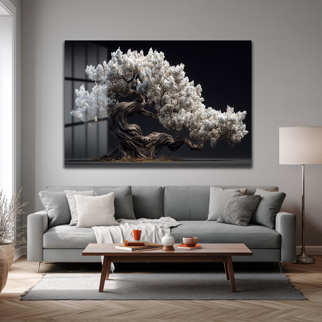 Beyaz Çiçekli Bonsai Ağacı Cam Tablo - Zen Bahçesi Estetiği