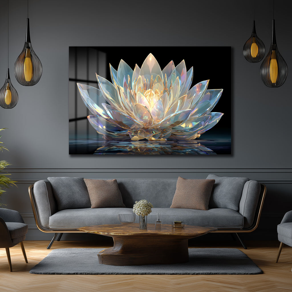 Işıltılı Kristal Lotus Cam Tablo - Modern Duvar Sanatı