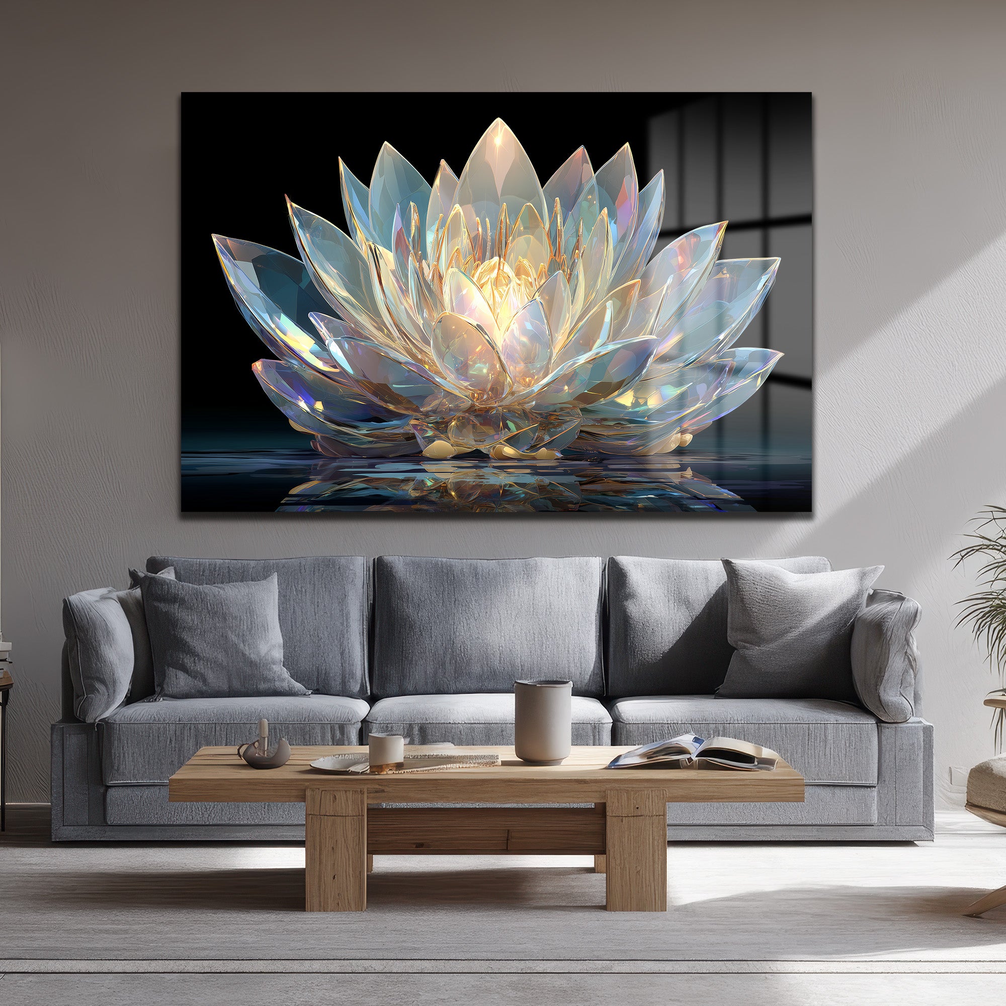 Işıltılı Kristal Lotus Cam Tablo - Modern Duvar Sanatı