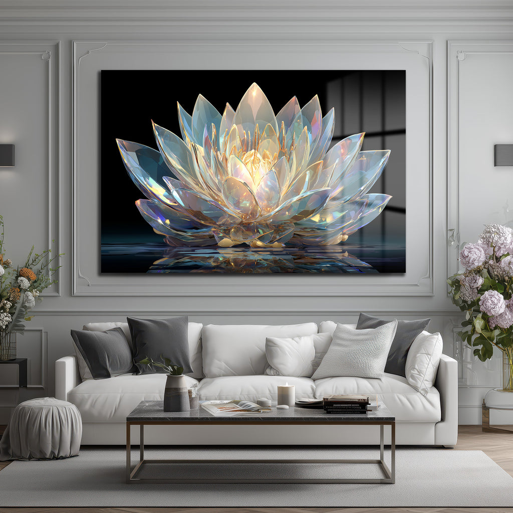 Işıltılı Kristal Lotus Cam Tablo - Modern Duvar Sanatı