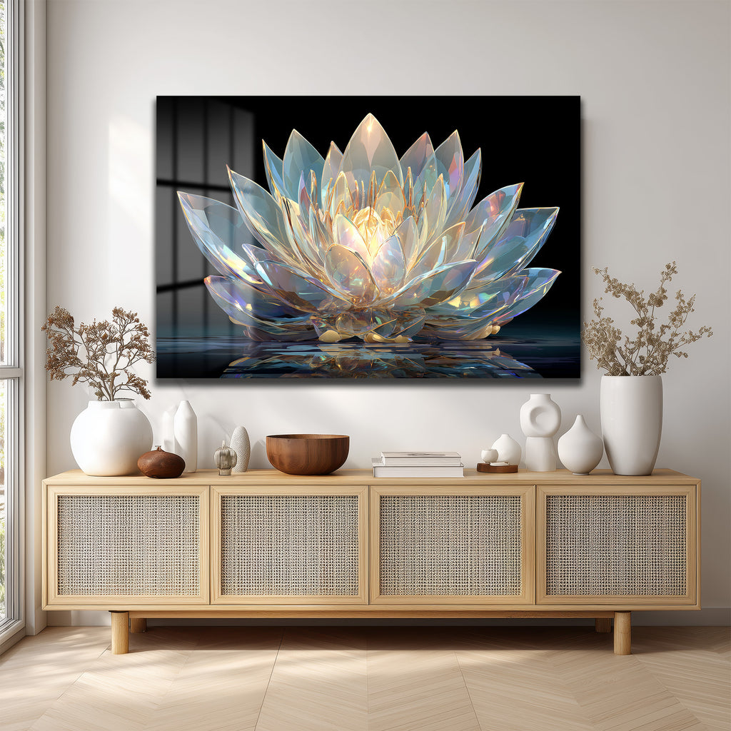 Işıltılı Kristal Lotus Cam Tablo - Modern Duvar Sanatı