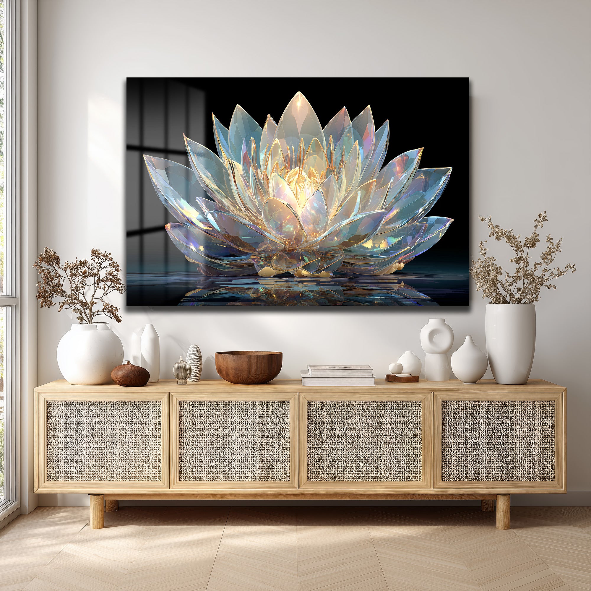 Işıltılı Kristal Lotus Cam Tablo - Modern Duvar Sanatı