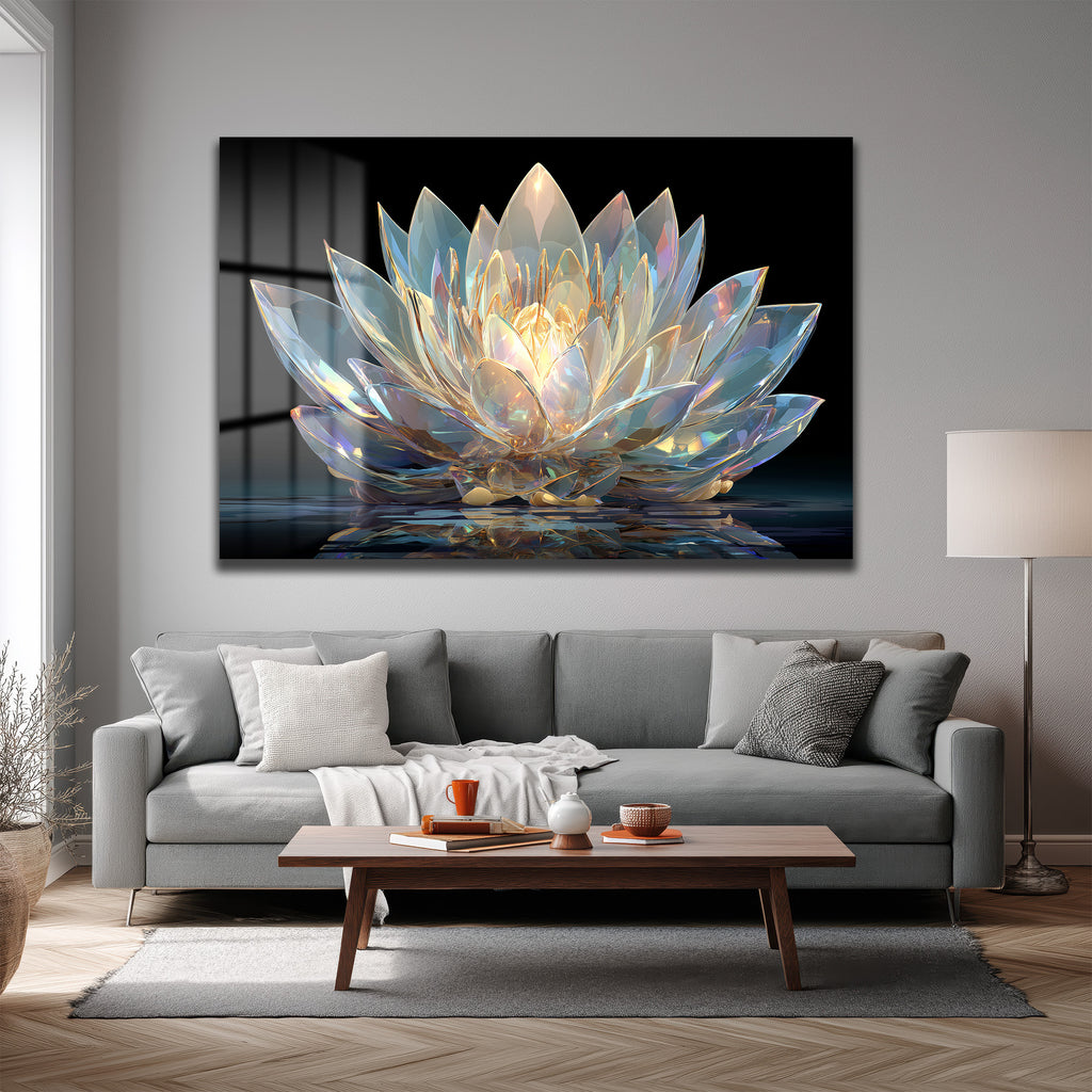 Işıltılı Kristal Lotus Cam Tablo - Modern Duvar Sanatı