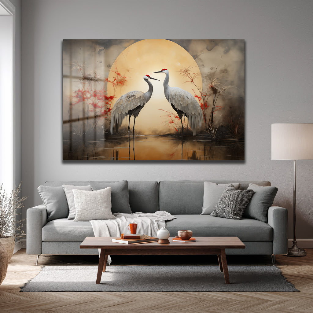 Aşkın Dansı: Ay Işığında Turna Çifti Cam Tablo