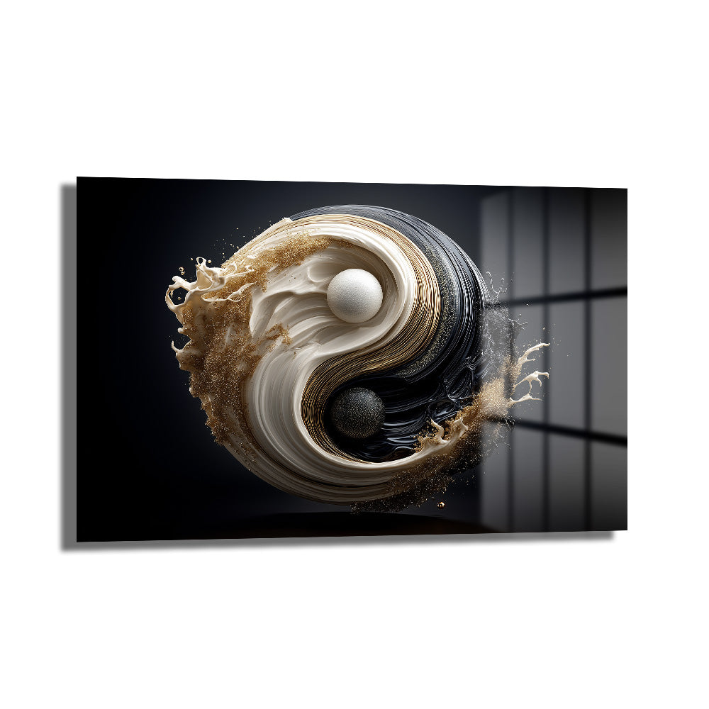 Yin Yang Enerjisi Siyah Beyaz Altın Detaylı Modern Cam Tablo