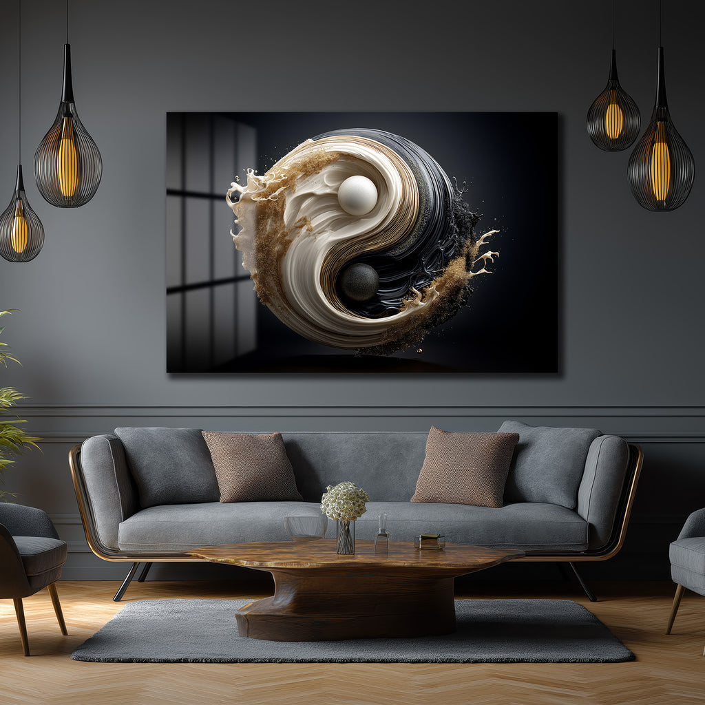 Yin Yang Enerjisi Siyah Beyaz Altın Detaylı Modern Cam Tablo
