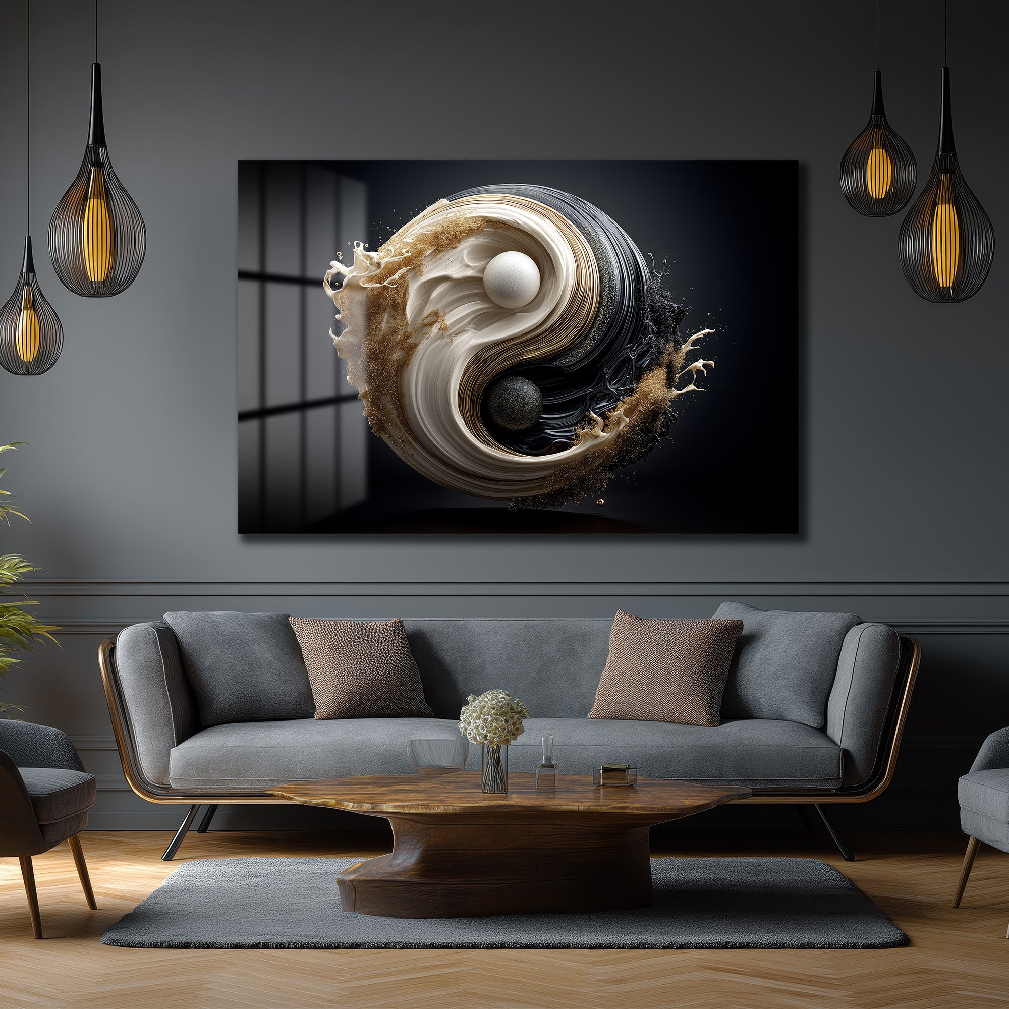 Yin Yang Enerjisi Siyah Beyaz Altın Detaylı Modern Cam Tablo